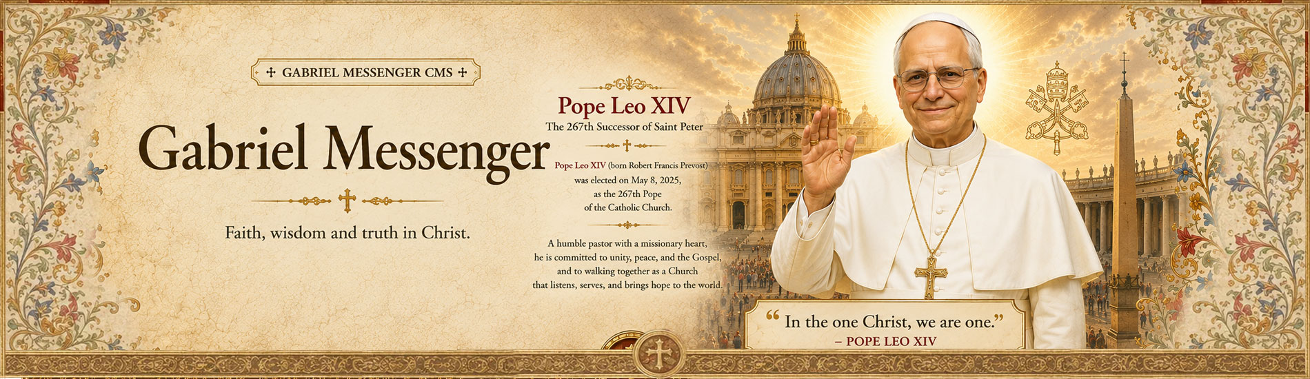 Pope Leo XIV in front of Saint Peter's Basilica in a Vatican-themed Catholic banner