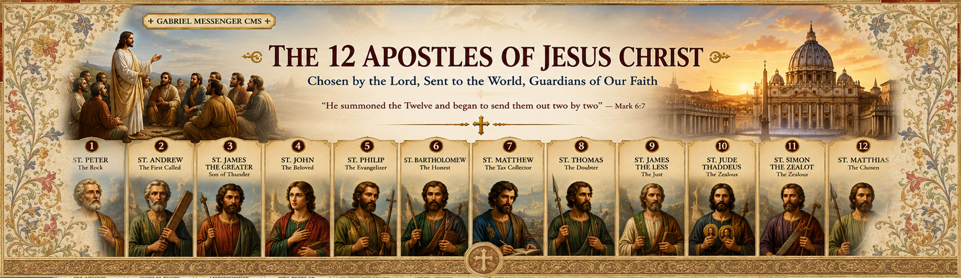 The twelve Apostles of Jesus Christ in an ornate Catholic historical banner