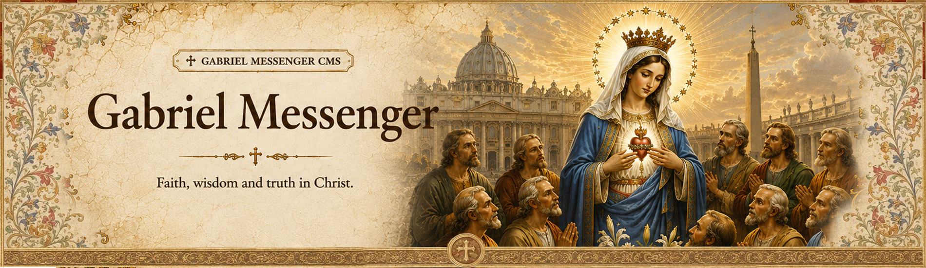 Blessed Virgin Mary with the apostles before Saint Peter's Basilica in a Catholic devotional banner