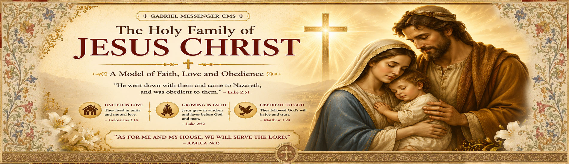 Jesus Mary and Joseph together as the Holy Family in a Catholic devotional banner