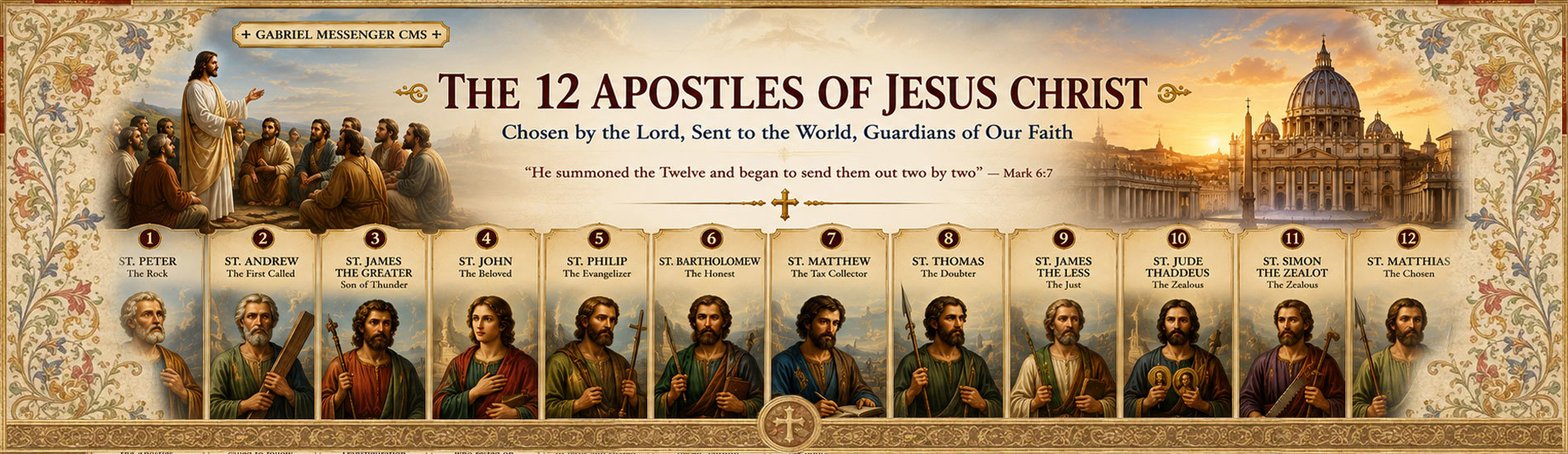 The twelve Apostles of Jesus Christ in an ornate Catholic historical banner